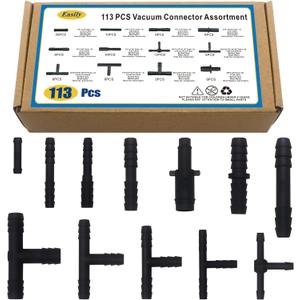 Vacuum Connector Assortment 113 PCS Heat Resistance 240460Automotive Vacuum Tubing Connector Vacuum Tee Connector Assortment Kit Black Nylon