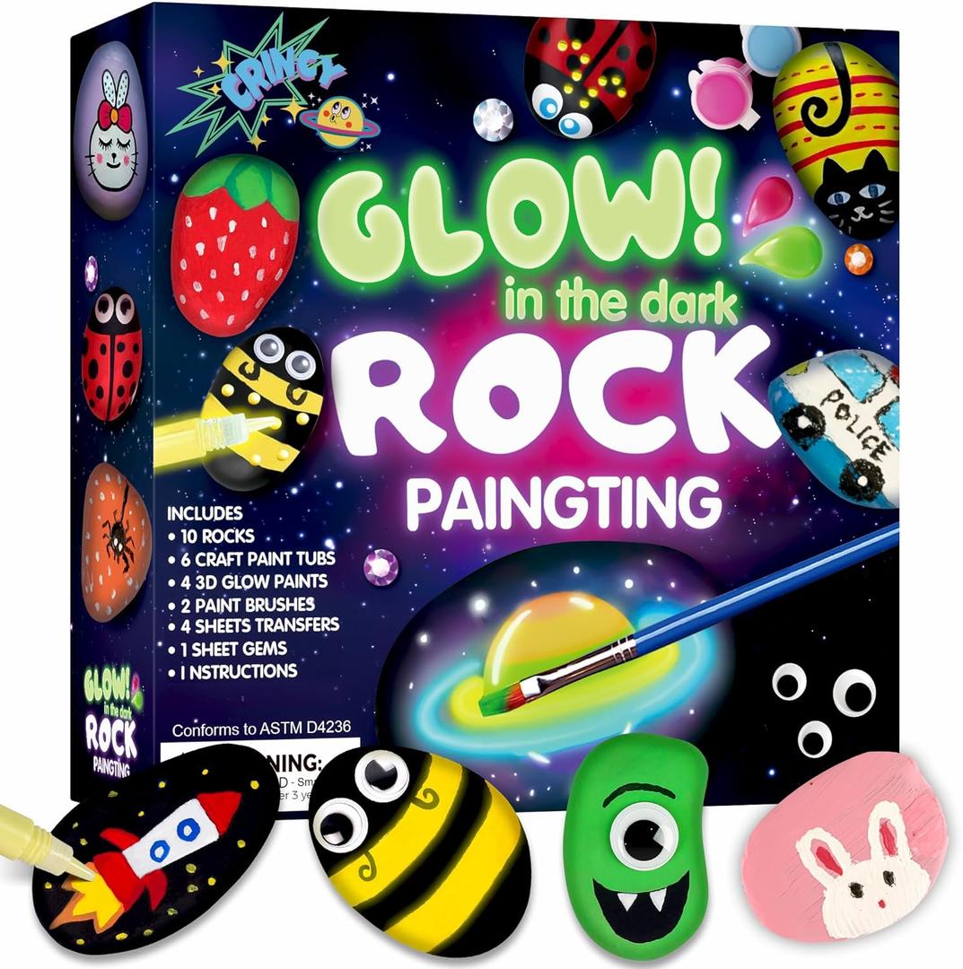 Rock Painting Kit for Kids Ages 6-12, Glow in The Dark Rock Paint, Arts and Crafts Birthday Party Gifts for Boys Girls 6 7 8 9 10 12 Year Old, Creative Craft Activity Kits, Art & Crafts Supplies Toys