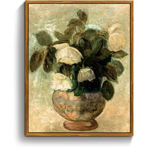 crmotu Vintage Framed Wall Art, White Rose Classical Oil Paintings, Botanical Floral Canvas Prints, French Country Aesthetic Pictures Wall Decor Living Room Bedroom Kitchen Office Farmhouse 8x10in