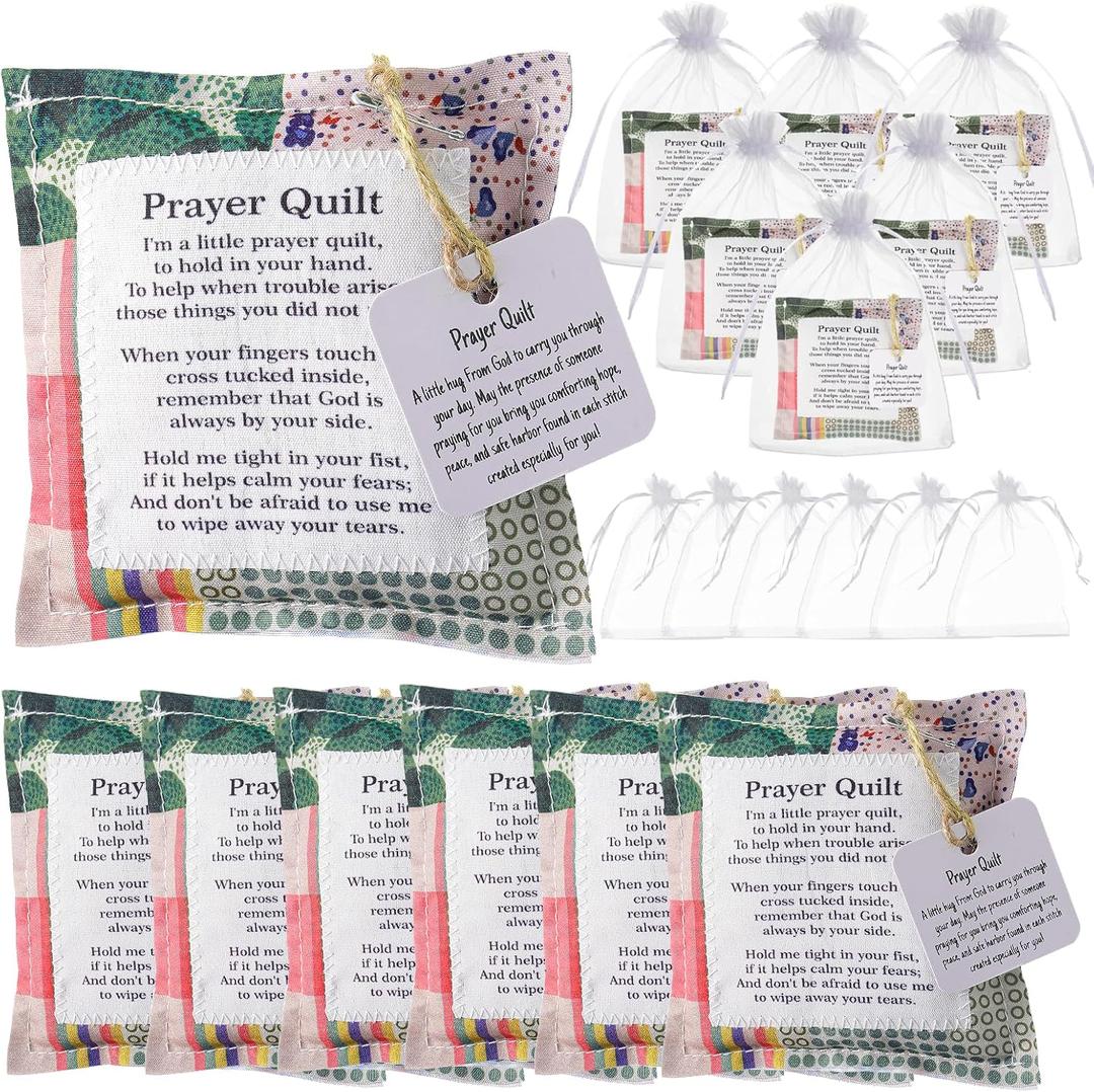 6 Pcs Mini Prayer Quilt with Cross Inside with 6 Organza Bags, Vintage Pocket Scripture Prayer Quilt Squares Sympathy/Encouragement Christian Gifts for Women Clergy Pastor Appreciation