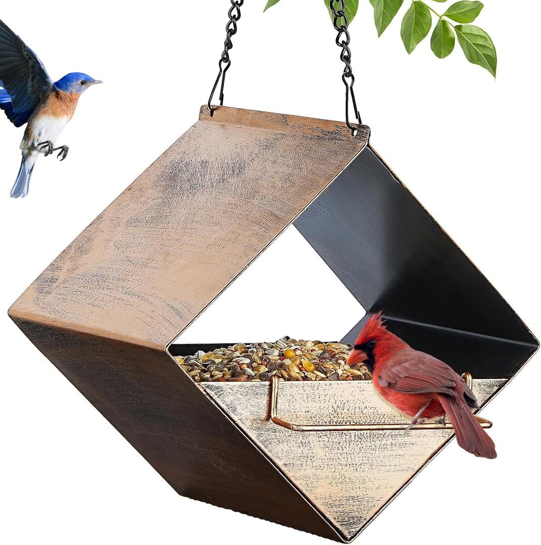 MYITYARD Hanging Bird Feeder, Small Metal Wild Bird Feeders for Outdoors, Garden Yard Decorative Birdfeeder, Square Vintage Bronze (Quadrilateral)
