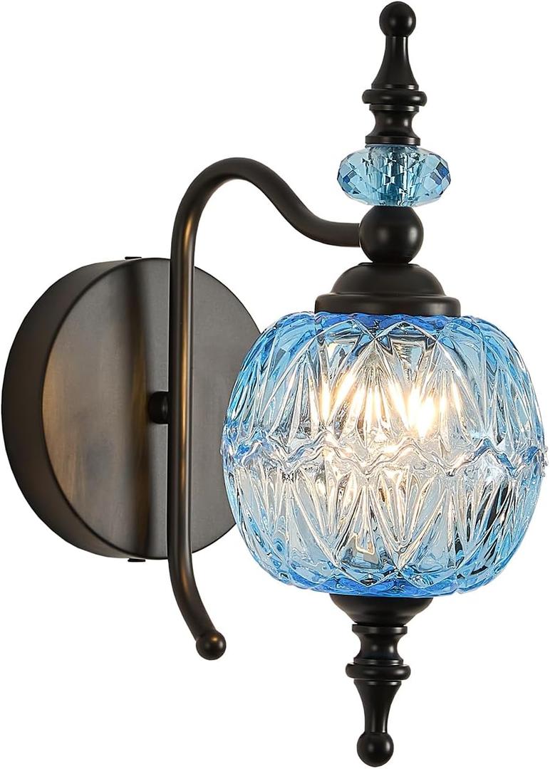 TLOLGT Vintage Wall Sconces with Black Finish Bathroom Blue Wall Light Fixtures with Crystal Glass Shade for Bedroom Living Room Kitchen Hallway
