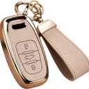 Key Fob Cover for Audi with Key Chain, Upper Leather + Soft TPU Key Cover Shell for Q5 Q7 S3 S4 S5 A4 A5 A6 A7 A8 (Cream)