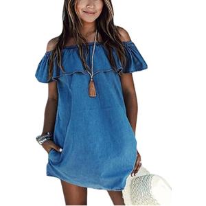 Women's Blue Jean Dress Off Shoulder Ruffle Short Sleeve Loose Denim Mini Dress with Pocket (Large)
