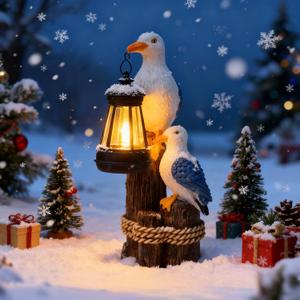 Solar Animal Statues with Lantern, Resin Seagull Seabird Figurine with Solar LED Light Mediterranean Style Sculptures for Porch Patio Balcony Yard Decor Outdoor Garden Decoration Ocean Bird Ornaments (White4)