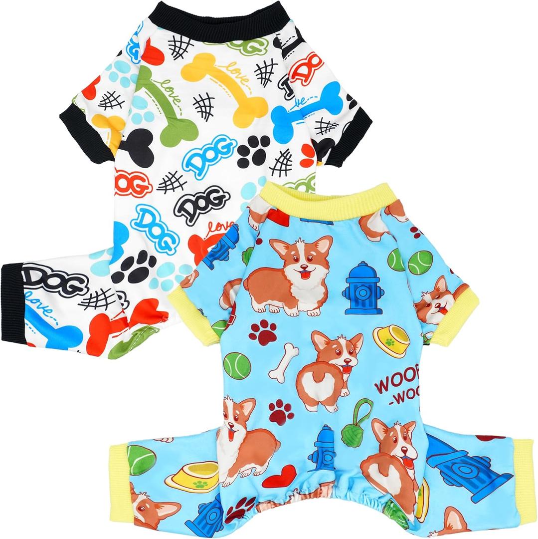 2PCS Dog Pajamas for Extra Small Xs Sized Doggie Pjs Clothes Puppy Onesies Outfits Pet Jammies Boy Girl Male Female Apparel Soft Breathable Paw Bone, XS