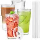 TUZAZO 20 Oz Glass Tumblers with Lids and Straws - 3 Pack Ribbed Glass Iced Coffee Cup with Straw and Lid, Thicken Glasses, Ideal for Smoothieds, Cocktails, and Juices