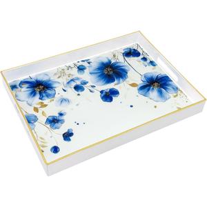 Serving Tray with Handles, 15.7 * 11.8 inches, Plastic Ottoman Tray with Exquisite Paintings, Trays for Coffee Table (Charm Blue)