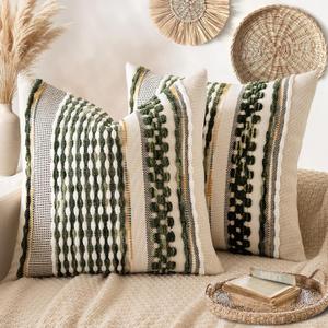 ANRODUO Pack of 2 Boho Decorative Throw Pillow Covers 18x18 Farmhouse Cushion Case Striped Chenille Pillow Cases Square Pillow Covers Accent Neutral Pillowcase for Sofa Couch Bed, Olive Green Stripe