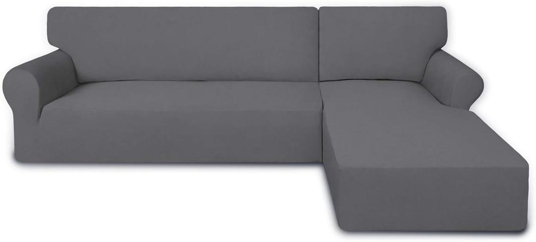 PureFit Super Stretch Sectional Couch Covers - 2 pcs Spandex Non Slip Sofa Covers with Elastic Bottom for L Shape Sectional Sofa Couch, Great for Kids & Pets (3 Seat Sofa + 3 Seat Chaise, Gray) (Grey)