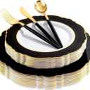 WDF 30Guest Black and Gold Plastic Plates - New Year Plates - Gold Plastic Silverware With Black Handle Baroque Black and Gold Disposable Dinnerware for Halloween & New Year &Parties