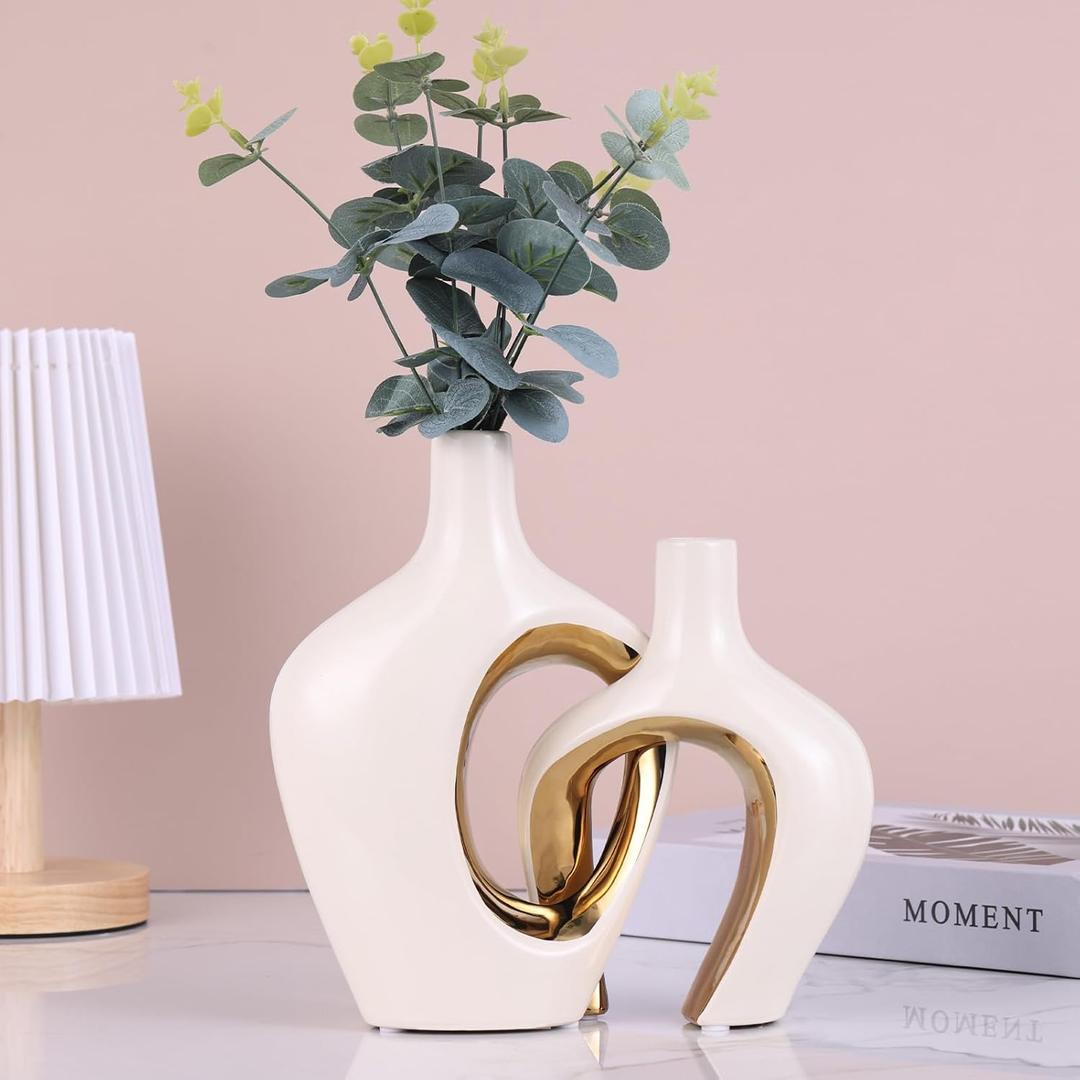 Off White and Gold Ceramic Vase Set of 2 - Minimalist Round with Holes Bohemian Decor Aesthetic Vase for Living Room, Dining Table, Entryway, Coffee Table Centerpiece Decor (Beige Gold)