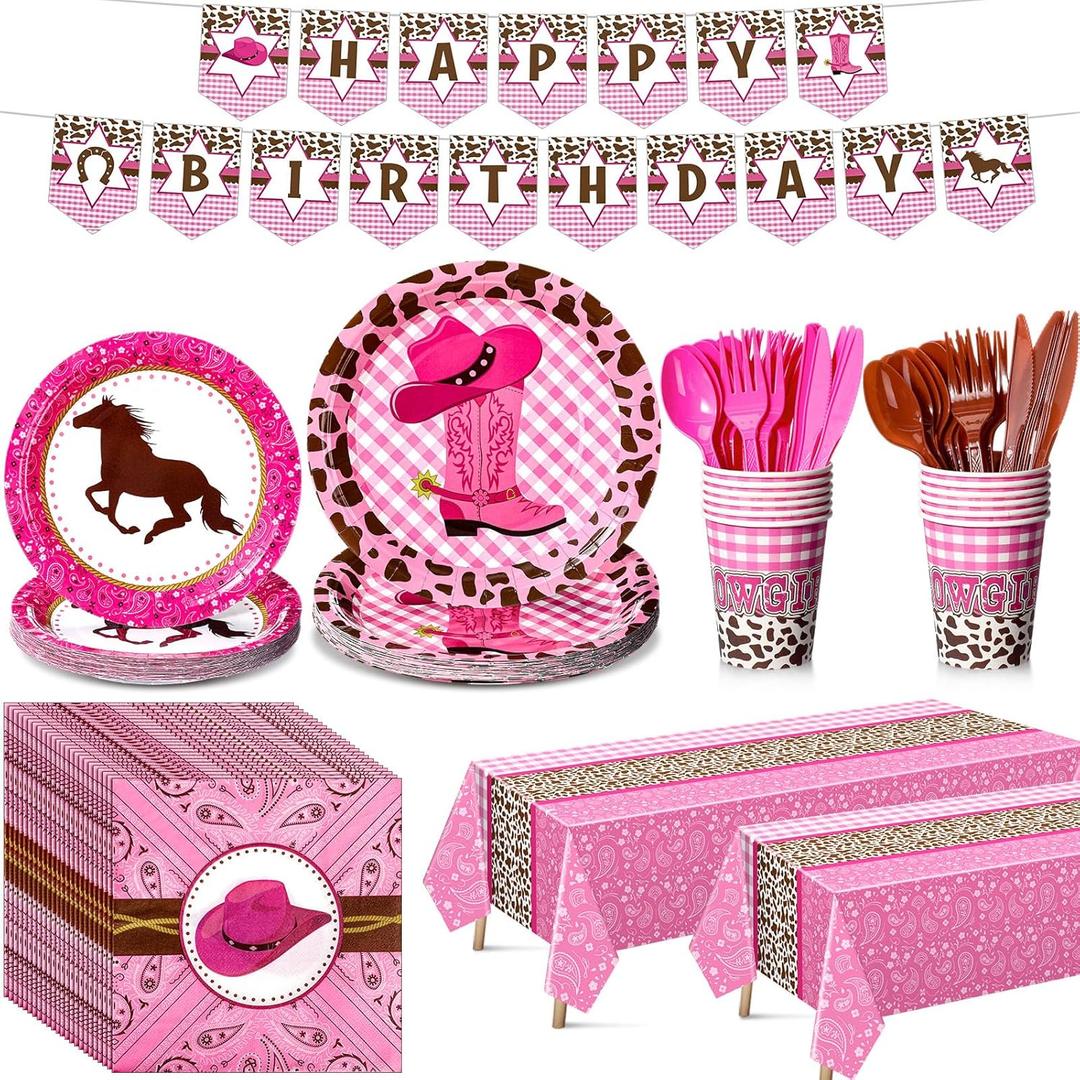 Gejoy 171 Pcs Western Cowgirl Birthday Party Tableware Supplies for 24 Guests Cowgirl Plates Napkins Birthday Banners Tablecloths Cups Knives Forks and Spoons for Party Decoration