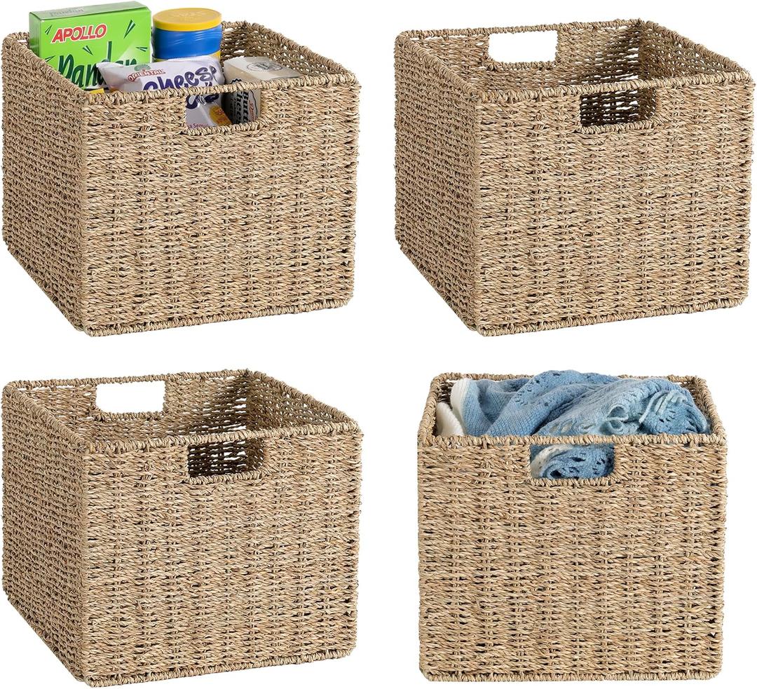 12x12x10in Seagrass Storage Baskets Set of 4, Large Wicker Storage Basket, Decorative Seagrass Shelf Basket, Pantry Baskets Organization,Folding Storage Cube Bins