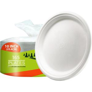 Paper Plates, 100% Compostable-[10 Inch by 0.5" deep]-Heavy Duty Disposable Plate - (BPI Certified) - (PFAS-Free) - Eco-Friendly, Biodegradable Bagasse 10" Dinner Plates (165 Pack)