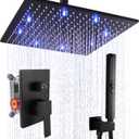 16 Inch Shower Faucet Set Ceiling Mount LED Shower Head Rainfall Shower System Trim Kit Complete with Rough-in Valve and 2 in 1 Handheld Spray, Matte Black