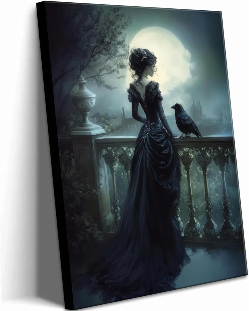 Victorian Woman and Raven Canvas Wall Art Gothic Dark Academia Wall Decor Picture Moody Halloween Witch Dark Romance Poster Print for Living Room Bedroom Dorm Home Decoration 16x24in