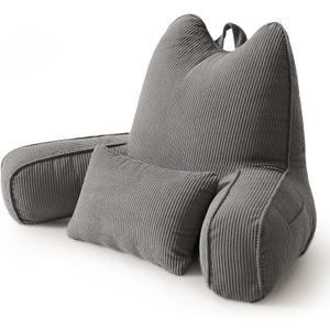 Patented Design Corduroy Reading Pillow with Arms, Ergonomic Bed Rest Pillow with Extra Lumbar Pillow for Sitting in Bed or Couch, Upper Back Support for Reading & Relaxing, Dark Grey, Large