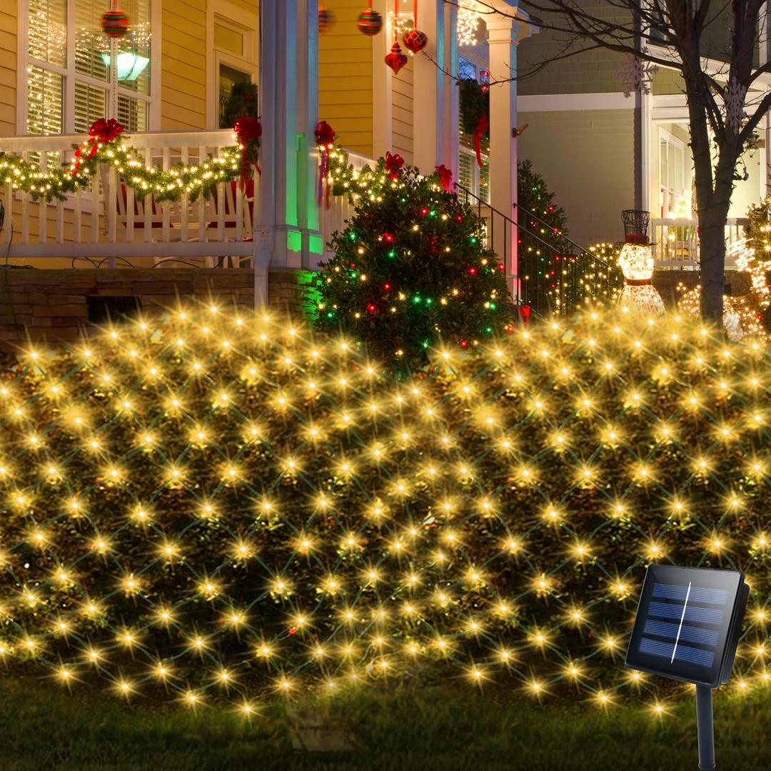 Solar LED Net Lights 9.8 x 6.6Ft, 200 LEDs Net Mesh Lights, Solar Outdoor Bush Mesh Light Dark Green Cable with 8 Modes for Trees Bushes Garden Yard Decoration - Warm White