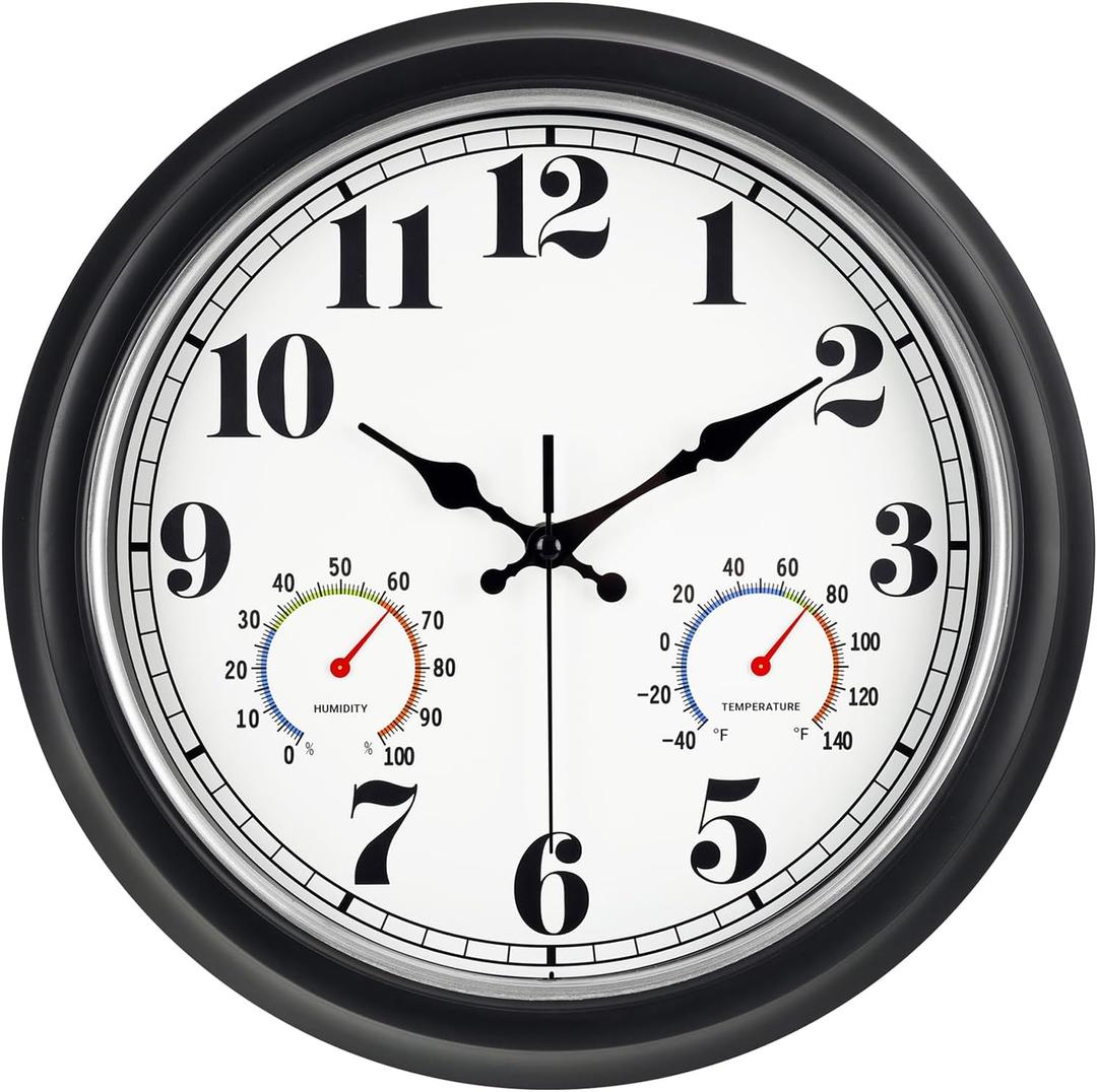 45MinST 13-Inch Vintage Outdoor Wall Clock with Thermometer and Hygrometer, Waterproof, Large Numbers, Silent, for Indoor and Outside Use,Porch,Garden,Pool(Black Frame with Silver Trim)