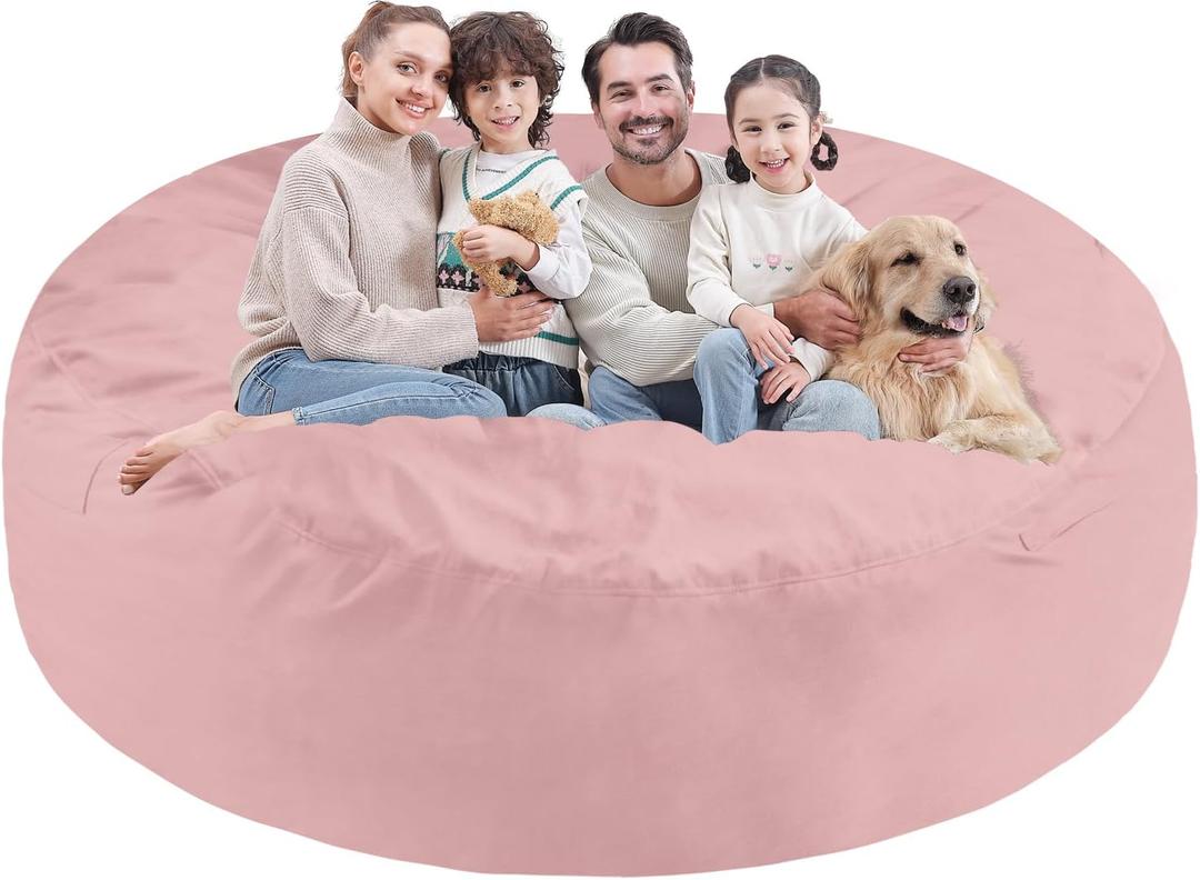 7FT Bean Bag Chair, Large Bean Bag Chairs with Memory Foam Filled, Fluffy Beanbag Sofa with Dutch Velvet Cover, Round BeanBag Chairs for Living Room, Playroom - Light Pink (7FT- 72"x72"x18")