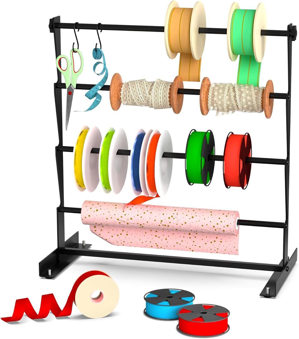 Alyoen Ribbon Organizer, Metal Ribbon Holder Storage Rack with Activity Hooks, Ribbon Spool Holder for Craft Room Sewing Thread Mesh Ribbon Wreath Washi Tape, Florist Arts Wrapping Gift