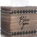 Lineshading Bless You Beaded Square Tissue Box Cover, Rustic Farmhouse Vintage Wooden Tissue Holder Box Distressed Napkin Holder for Table Bathroom Decor (Brown)