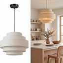 AUQUEE 5-Tier Farmhouse Chandelier, 13" Modern Drum Pendant Light Fixture with Linen Lampshade, Adjustable Height Hanging Ceiling Lighting for Bedroom/ Nursery/ Dining Room/ Kitchen Island/ Entryway, Beige