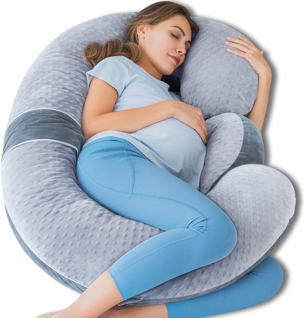 QUEEN ROSE Pregnancy Pillows, E Shaped Full Body Pillow for Sleeping, with Pregnancy Wedge Pillow for Belly Support, 60 Inch Maternity Pillow for Side Sleeper, Grey Velvet (Classic, Cozy Dot Velvet - Gray)