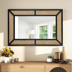 Rattan Mirror for Wall Decor Bohemian Rectangular Large Mirror, Boho Decorative Wall Mirror, Hanging Mirror, Woven Wicker Wood Frame