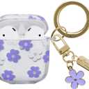 Compatible with AirPods Case Cover, Soft TPU Case with Cute Flower Pattern for AirPods 2&1 Generation Case with Pendant Keychain and Carabiner for Girls Women (Purple)