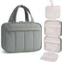 Narwey Hanging Travel Toiletry Bag for Women, Quilted Makeup Bag Organizer with Handle, Travel Bathroom Bag, Portable Toiletries Bag for Essentials, Accessories, Brushes, Cosmetics (Sage Green)