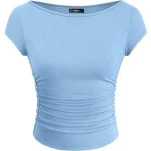 ZESICA Women's Summer Boat Neck Short Sleeve T Shirts 2026 Spring Slim Fit Y2k Going Out Crop Tops Basic Trendy Outfits
 (M)