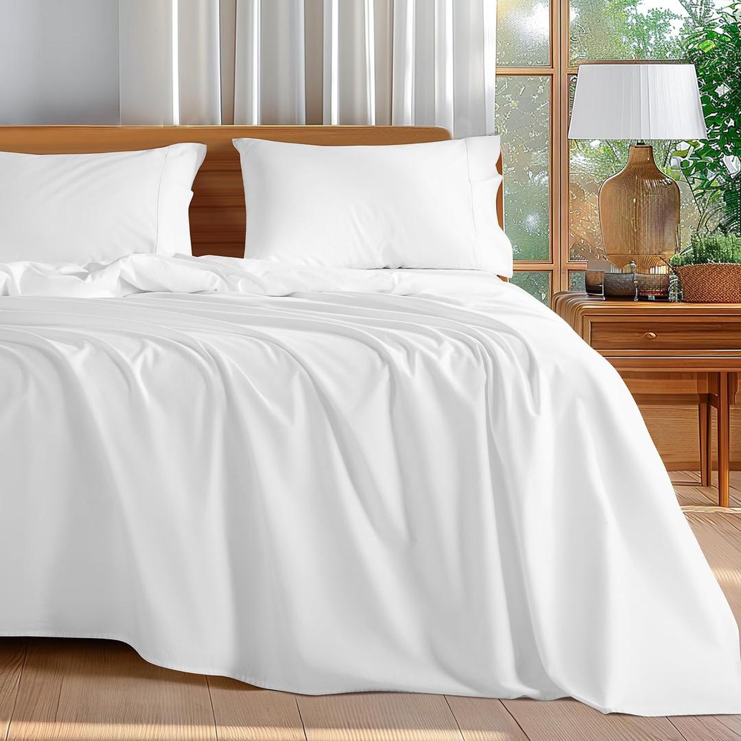 Shilucheng 100% Cotton Queen Size Sheets Set - 600 Thread CountLuxury Egyptian Cotton Bed Sheets5-Star Hotel Quality Sheets, Breathable & Cooling, 16 Inch Deep Pocket - 4 Piece (White, Queen)