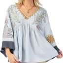 Womens Floral Printed Blouse V-Neck 3/4 Sleeves Loose Fit Vintage Babydoll Tops (Blue, XXL)