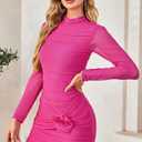 CCTOO Womens Sexy Ruched Bodycon Dress 3D Flower Long Sleeve Half-high Collar Club Party Mini Fitted Dress (XL)