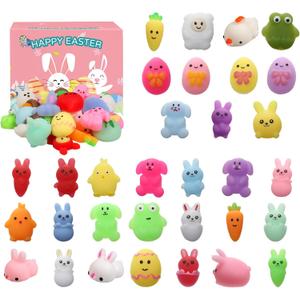 32 PCS Easter Mochi Squishy Toys Stress Relief Squishies for Kids Boys Girls Toddlers Easter Basket Stuffers Egg Fillers Gifts Party Favors,Easter Basket Stuffers fillers with Storage Box