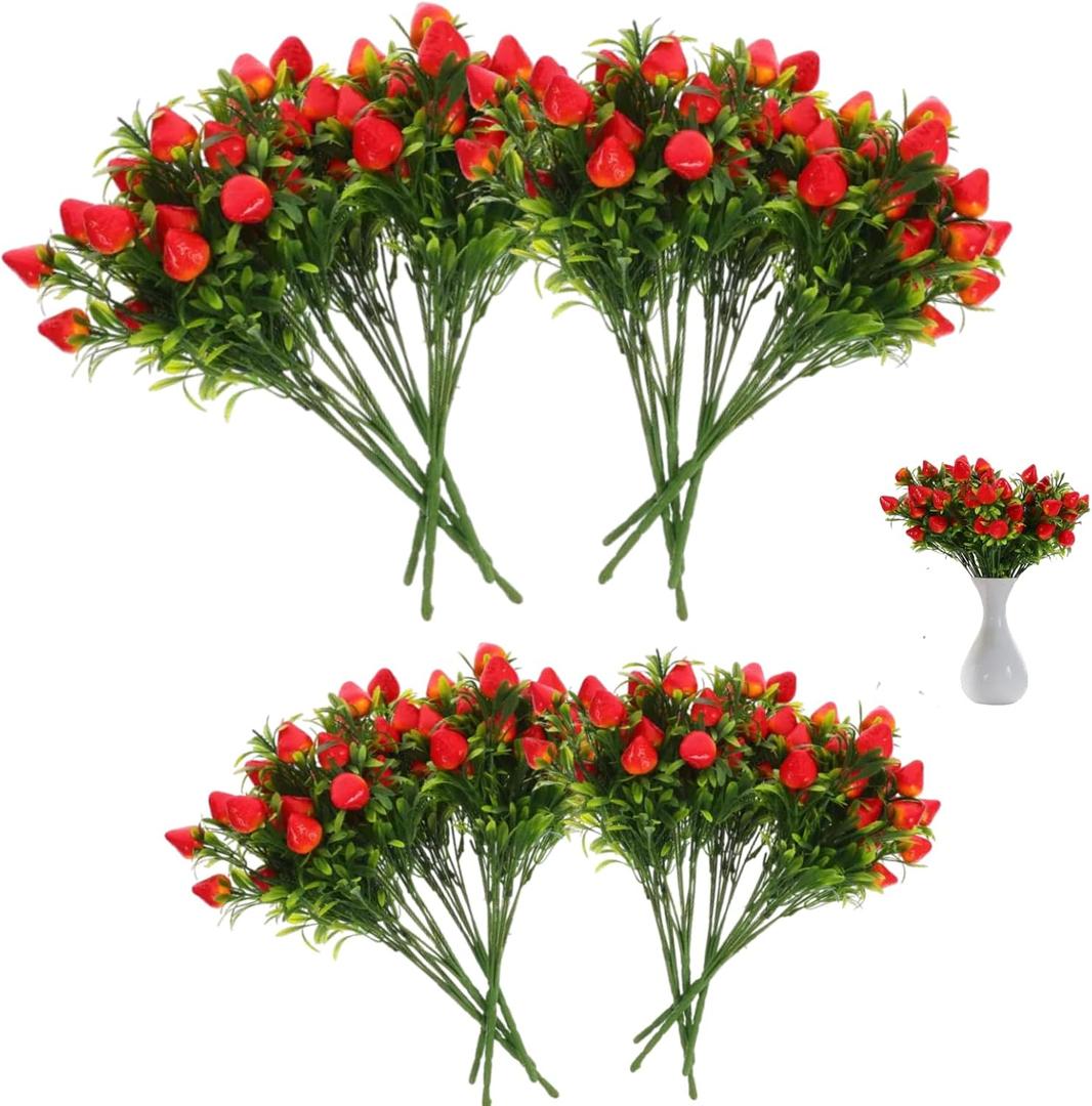MAGICLULU Artificial Strawberry Stem Faux Fruit Branch Small Realistic Strawberry Bunch for Home Decor DIY Crafts Weddings Parties 10.62X8.26X1.41 Inch