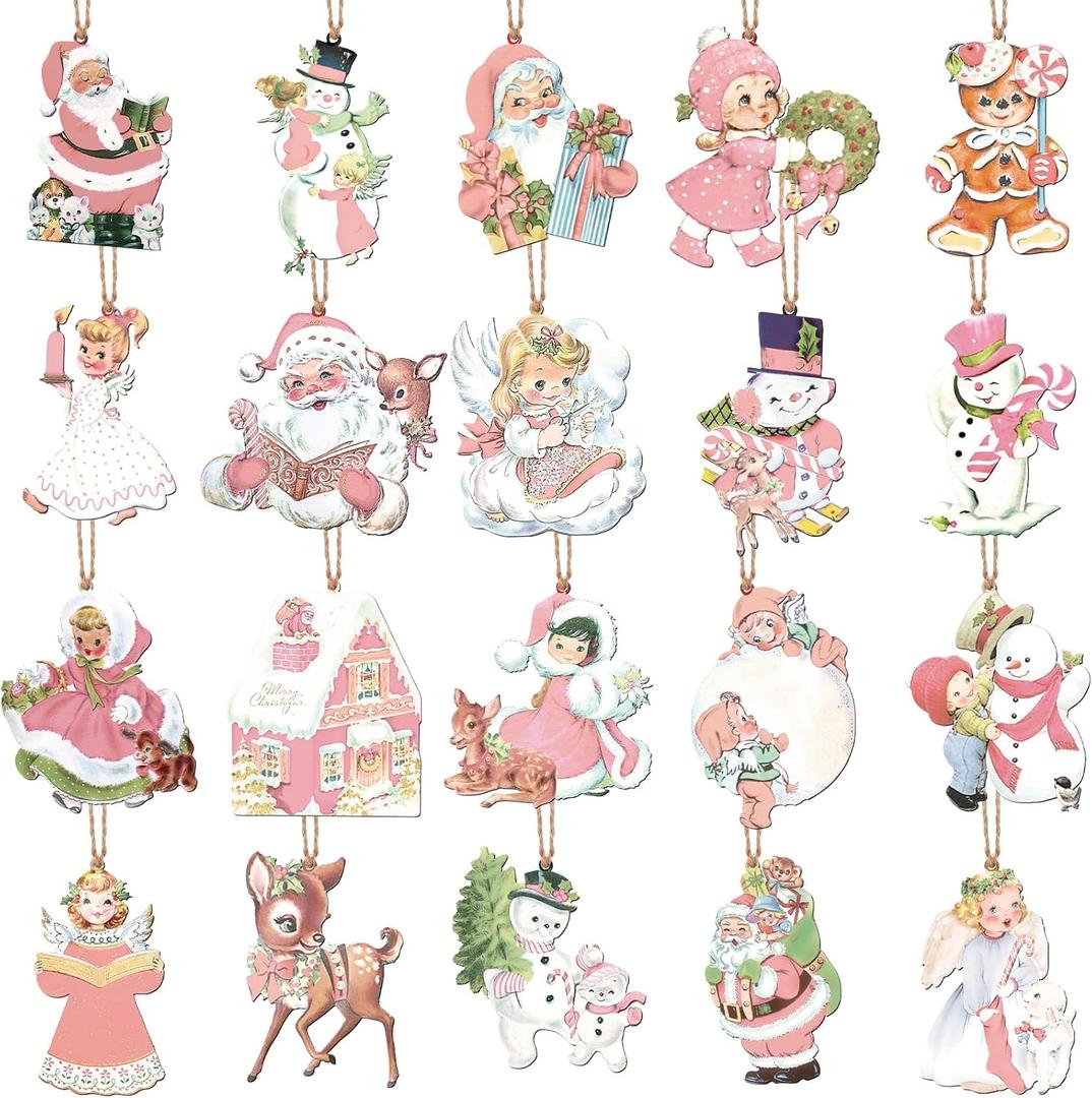 20 Pcs Vintage Christmas Hanging Ornaments Metal Tree Ornaments Santa Snowman Reindeer Snowman Rustic Farmhouse Christmas Tree Decorations for Xmas Winter Holiday Celebrations (Cute, Pink)