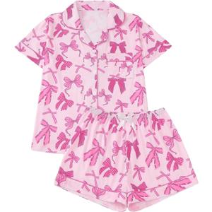 SHENHE Women's 2 Piece Pajama Set Bow Graphic Button Down Short Sleeve Lapel Shirt Pj Short Set (XX-Large, Deep Pink)