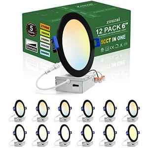 zouzai 12 Pack 6 Inch Black 5CCT Reset LED Recessed Ceiling Light with Junction Box, 2700K/3000K/3500K/4000K/5000K Selectable, 12W Eqv 110W,Dimmable, led can Lights- ETL and Energy Star Certified 