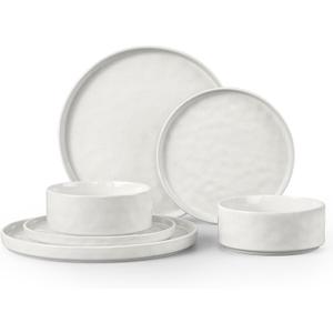 LIANYU 6 Piece Stoneware Dinnerware Sets for 2, Kitchen Plates and Bowls Dishes Sets, Speckled Dinner Ware Dishware, Chip and Scratch Resistant, Microwave & Dishwasher Safe, Polar White