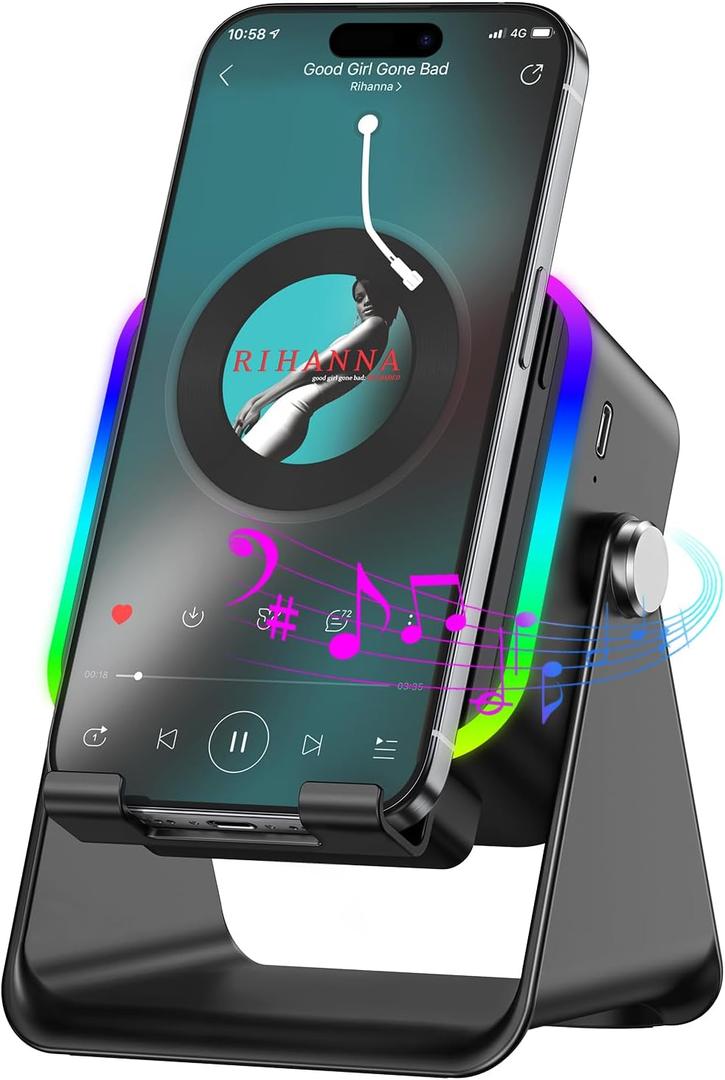 Wireless Induction Speaker 5-in-1 Bluetooth Speaker with Phone Stand,Stereo Sound, 3500mAh Rechargeable, 8 RGB Ambient Light, 360 Adjustable Holder for iPhone/Android/iPad,Gifts for Men Women (Black)