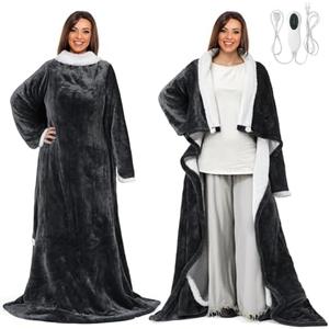 Electric Wearable Heated Blanket with Foot Pockets & Sleeves, Soft Flannel & Warm Sherpa Heated Snuggie Blanket for Sofa & Bed, 10 Heat Settings & 2-4-8H Auto Shut-Off, Easy to Use, 50"x70"+18", Gray