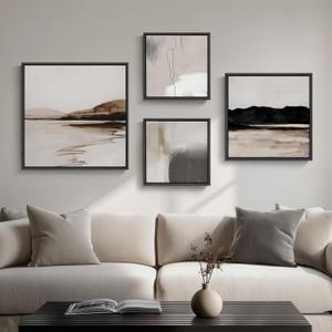 Framed Neutral Abstract Wall Art for Living Room, Set of 4 Piece Modern Landscape Canvas Artworks, Minimalist Black and Gray Painting Prints for Bedroom Dining Room Hallway Home Office Wall Decor (32" H x 60" W)