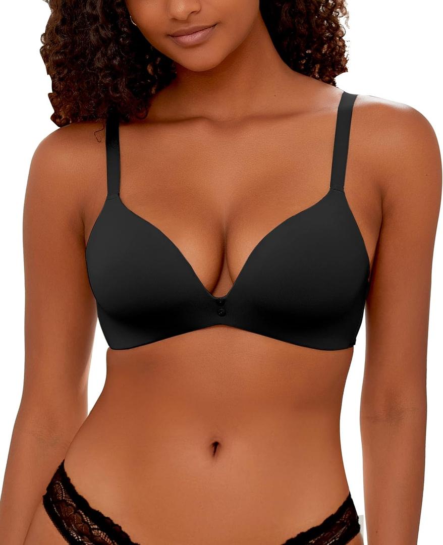 FINETOO Wireless Bras for Women Comfort Full Coverage T-Shirt Bra Lightly Lined Push Up Bra Sexy V-Neck Bralettes for Ladies (40, Black)