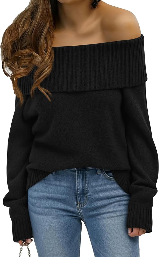 Okiwam Womens Off The Shoulder Sweater 2025 Fall Fashion Casual Loose Knitted Long Sleeve Pullover Trendy Tops (Medium, Black)