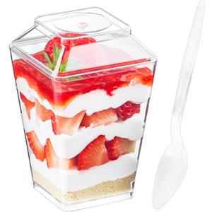 Qeirudu 50 Pack 5 oz Dessert Cups with Lids and Spoons - Plastic Pudding Cup Small Parfait Shooter Glasses for Pastry Cheesecake Mousse Jello
