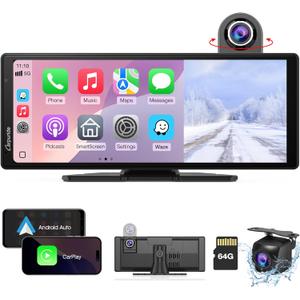 Carpuride Wireless Carplay & Android Auto with Dash Cam - 10.26 Inch HD IPS Touch Car Play Screen for Car, 4K Front & 1080P Rear Camera, Loop Recording, Bluetooth Audio, Mirror Link, GPS, Siri