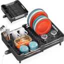 Dish Drying Rack, Expandable Dish Rack for Kitchen Counter, Anti-Rust Dish Drainer, Sink Organization and Storage Essentials with Cutlery & Cup Holder, Black